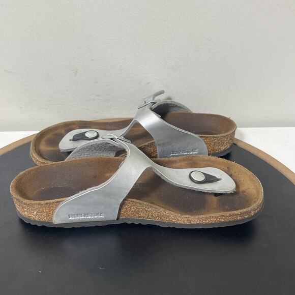 Birkenstock Girls Gizeh Sz 34 US 3-3.5 Silver Birko-Flor Black Leather Sandals - Picture 7 of 11
